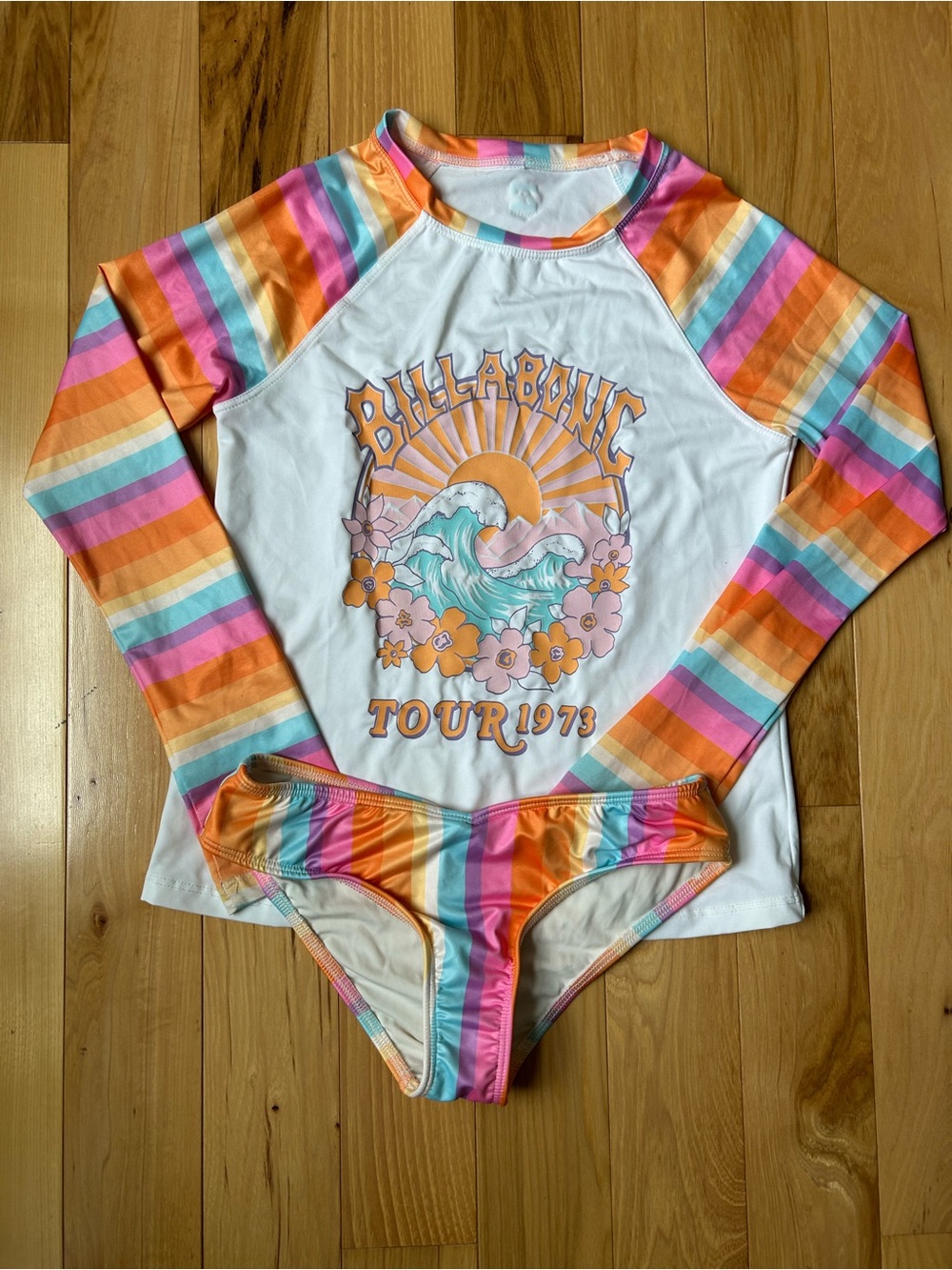 Billabong White Rashguard Set with Orange, Pink, Teal & Cream Stripes
